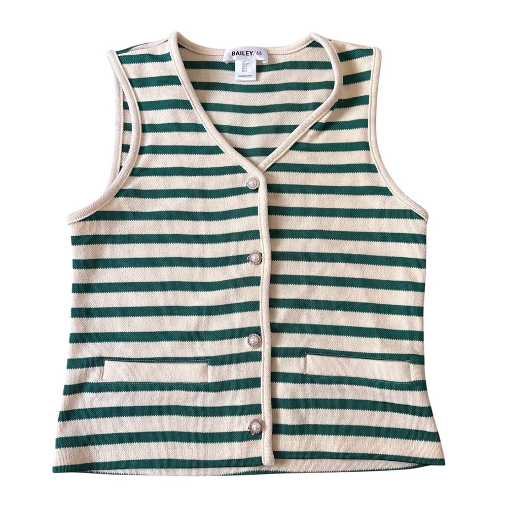 Bailey 44 Knit Vest Women Green Cream Striped Pearl Button V-Neck SIZE Small